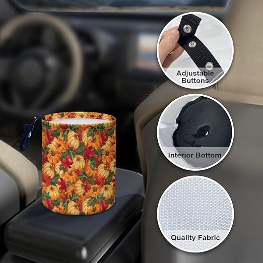 Maple Leaves Pumpkins Trash Can for Car Auto Garbage Can for Back Seat Leak Proof with Adjustable Buttons Car Accessories for Women Interior
