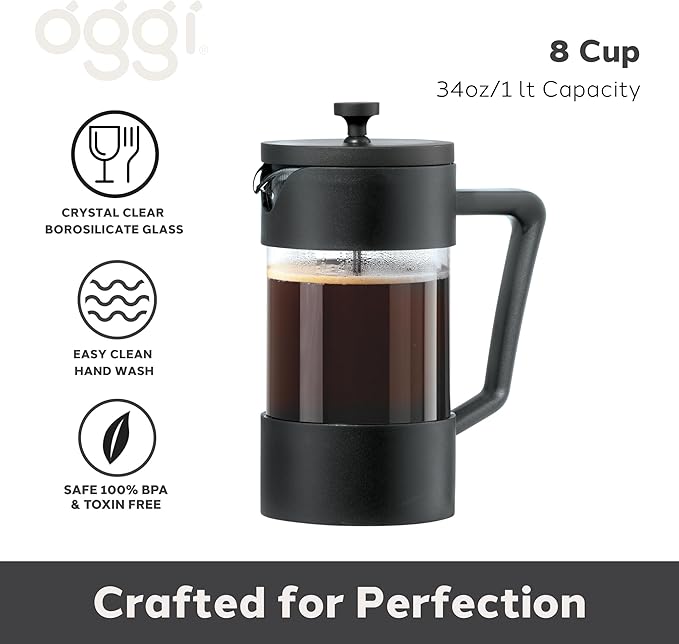 Oggi Borosilicate Glass French Press Coffee Maker (34oz)- 8 Cup Capacity, Coffee Press, Single Serve Coffee Maker, Stainless Steel Lid & Plunger, Make Great Coffee Gifts