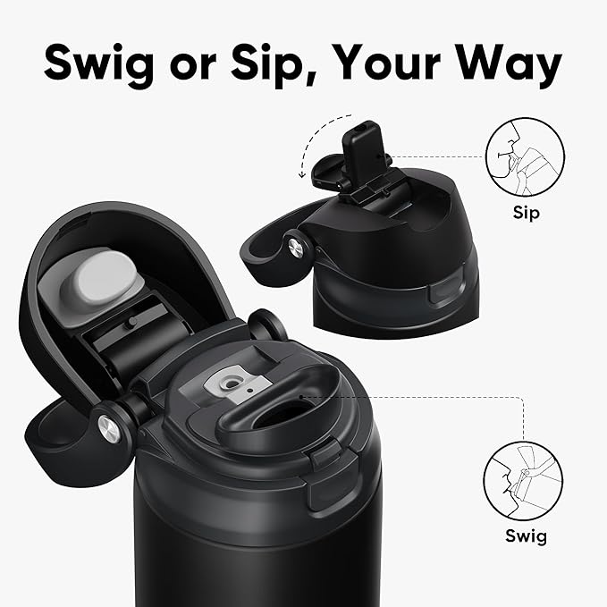 ENCOOL Leakproof Insulated Water Bottle with Straw Dual-Sip Water Bottle Bag-Safe Design for Work, Commute & Gym – Keeps Drinks Cold All Day, 32 oz, Jet Black