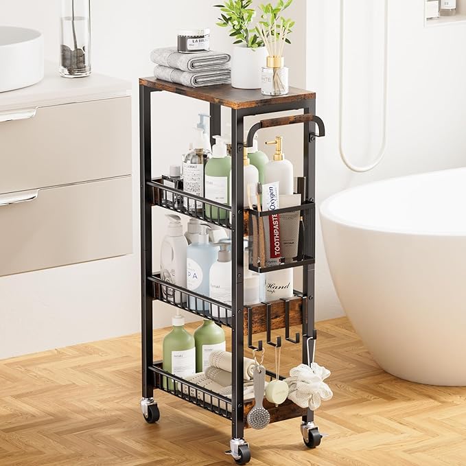 Slim Bathroom Storage Cart, 4 Tier Small Rolling Organizer Cabinet with Wood Top Handle, Mobile Shelving Unit Slide Out for Office, Kitchen, Laundry Room & Narrow Places (9.1" Overall Width)