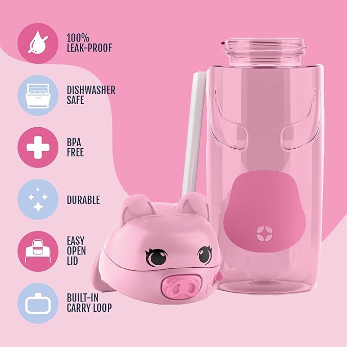 Ello Ellies 16oz Plastic Kids Water Bottle with Straw and Built-in Carrying Handle and Leak-Proof Locking Lid for School backpack, Lunchbox and Outdoor Sports, Pig