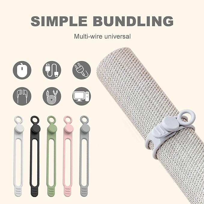 Silicone Cable Ties, Data Cable Organizer, Reusable Cable Management, Multipurpose Elastic Cord Organizer, Black, 5Pack
