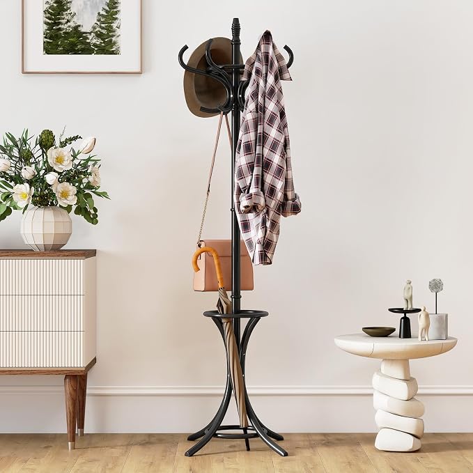 Giantex Solid Wood Coat Rack, Freestanding Hall Tree w/12 Hooks, Umbrella Holder, Entryway Hanger Stand for Coat, Hats, Scarves, Bags, Wooden Garment Rack for Bedroom, Hallway (Black)