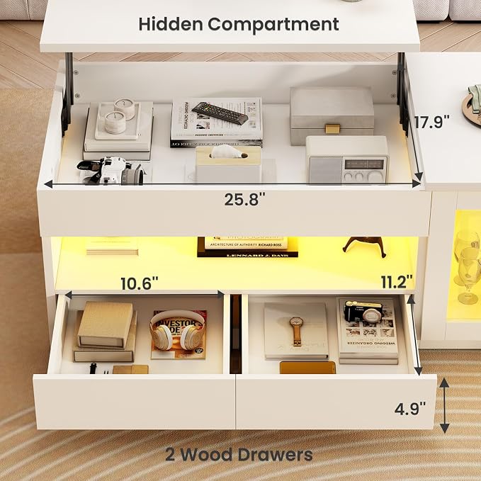 Itaar 39.4" Lift Top Coffee Table with 2 Drawers, Modern LED Coffee Tables for Living Room, Coffee Table with Glass Storage Cabinet, White