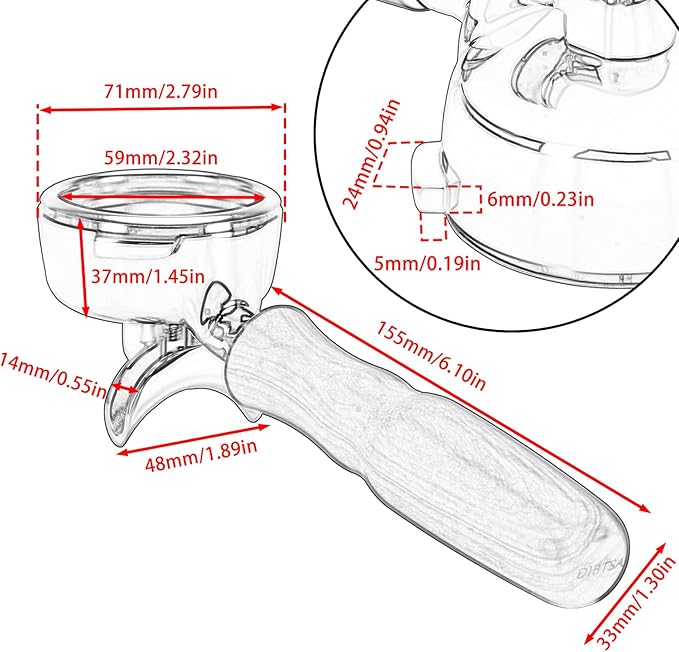 DIBTSA 58mm Espresso Portafilter Compatible with Nuova Simonelli,Double Spouts 2 Ears, with Stainless Steel Head and Filter Basket and Wood Handle