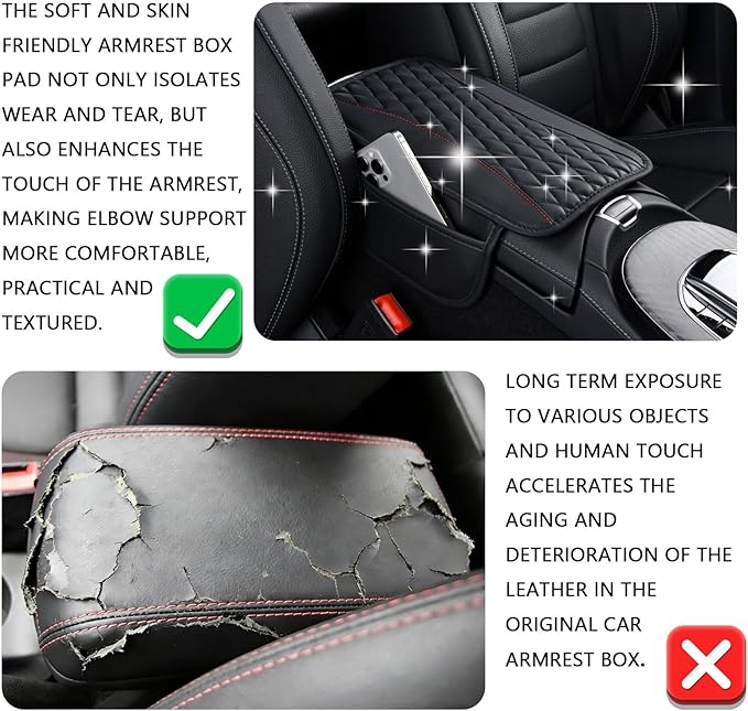 Patchwork Leather Center Console Cover, Upgraded Car Armrest Cover with 2 Storage Bags, Universal Arm Rest Covers for Car, Vehicle Interior Accessories Middle Console Cushion Organizer (Black)