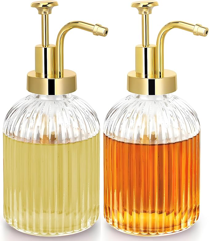 Glass Coffee Syrup Dispenser 10oz, Syrup Bottles with Ribbed Design, Gold Syrup Pump, Coffee Bar Accessories, Honey Dispenser (2)
