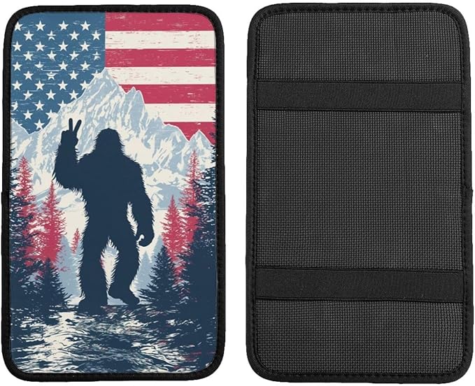 American Flag Bigfoot Sasquatch Center Console Cover Pad, Car Armrest Seat Box Cover Cushion Universal for Most Vehicle SUV Truck, Car Interior Accessories Decor, Protect from Pet Claws & Dirt