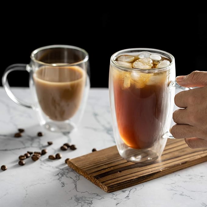 MEWAY 16oz/4 pack Coffee Mugs,Thickened Clear Glass Double Wall Cup with handle for Coffee, Tea, Latte, Cappuccino (16 oz，4)