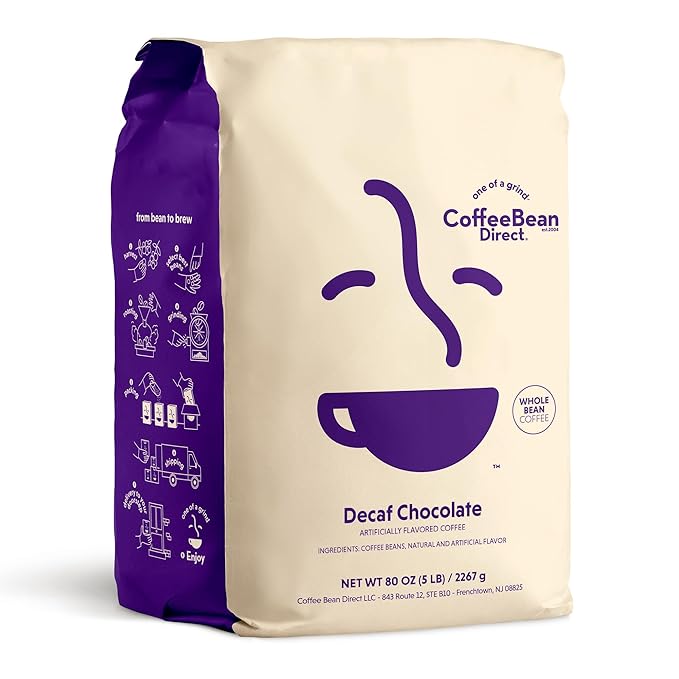Coffee Bean Direct Decaf Chocolate Flavored, Whole Bean Coffee, 5 Pound Bag (Pack of 1)