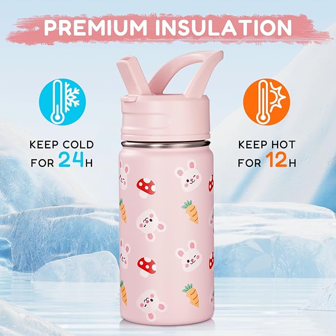 12oz Water Bottle for School, Bottles with Straws, Stainless Steel Vacuum Insulated Water Bottle, Leak-Proof, BPA-Free, Pink Rabbit