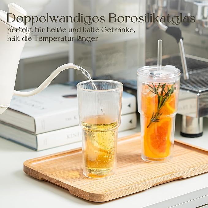 KEMORELA Iced Coffee Cups with Lids 20oz Ribbed Double Wall Glass Cups with Lids and Straws 2PCS, Coffee Bar Accessories， Insulated Borosilicate Glass Tumblers, To Go Coffee Cups, Spill proof tumbler