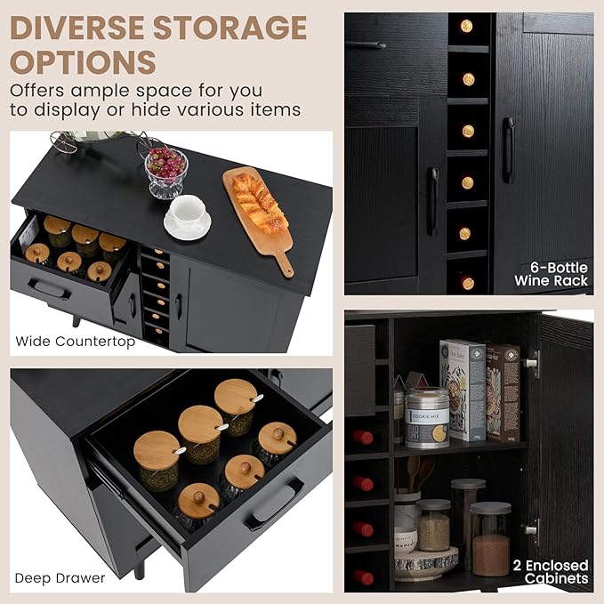 Buffet Cabinet with Storage, Liquor Cabinet w/ 6-Bottle Wine Rack, 1 Drawer & 2 Doors, Wood Buffets & Sideboards, Farmhouse Coffee Bar Table for Kitchen, Dining Living Room, Entryway (Black)