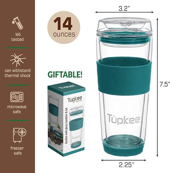 Tupkee Double Wall All Glass Tumbler - 14-Ounce, Reusable Insulated Tea/Coffee Mug & Lid, Hand Blown Glass Travel Mug - Cyan- 2 Pack