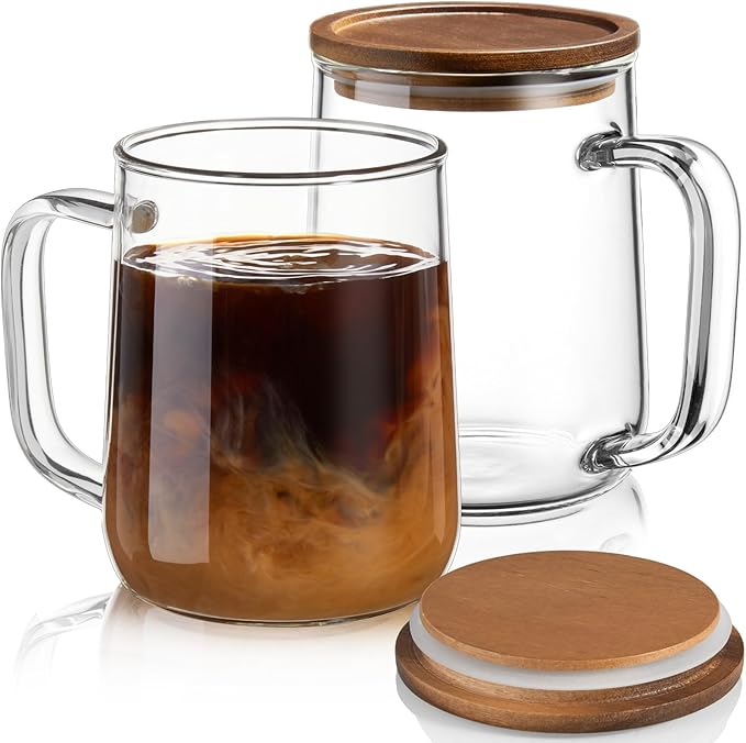 Glass Coffee Mugs, 20 oz Glass Coffee Cups with Acacia Wood Lids, Clear Borosilicate Glass Mugs with Handles for Cappuccino, Tea, Latte, Hot/Cold Beverages, Wine, Americano, Set of 2