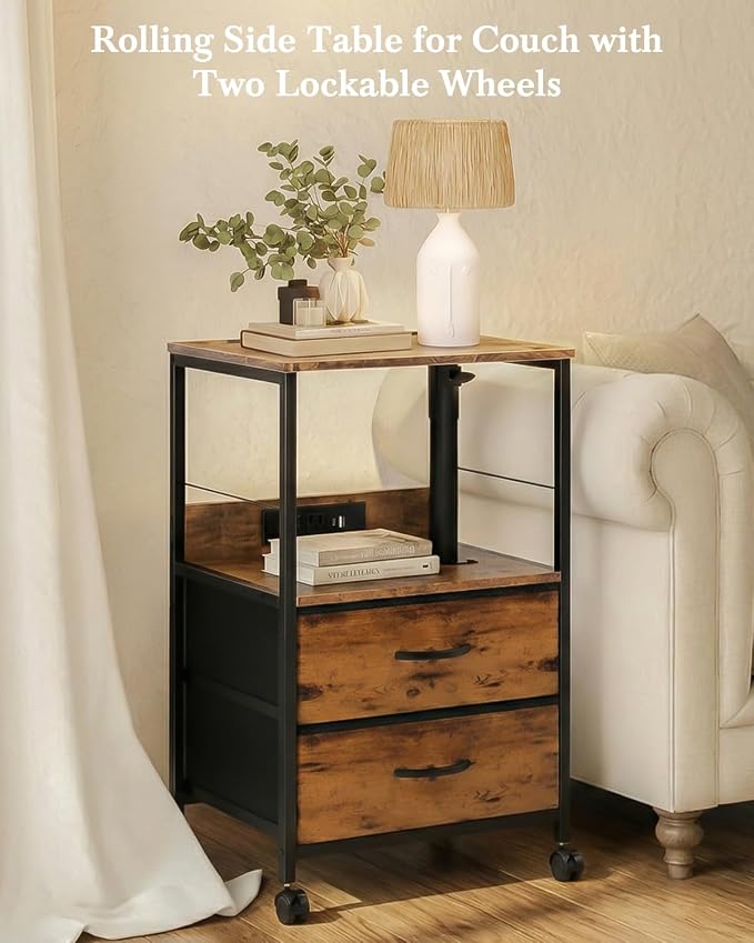 Faesun Swivel Lift Top Nightstand with Charging Station, Rolling Side Table for Recliner, Bedside Table with Wheels & 2 Fabric Drawers, for Small Spaces, for Bedroom, Living Room, Brown