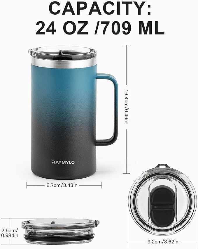 Insulated Coffee Mug 24 oz, Double Wall Stainless Steel Coffee Mug with Lids, Leak-Proof & Detachable Slider Lid for Thorough Clean, Keeps Coffee Cold for 9 Hrs, Suitable for Camp Home Office