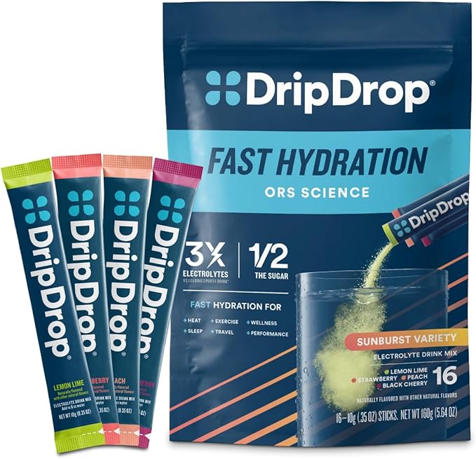 DripDrop Hydration Packets - Sunburst Variety Pack - Single Serve Electrolytes Powder Drink Mix - Lemon Lime, Strawberry, Peach, Black Cherry - Non-GMO, Gluten Free, Vegan - 16 Sticks