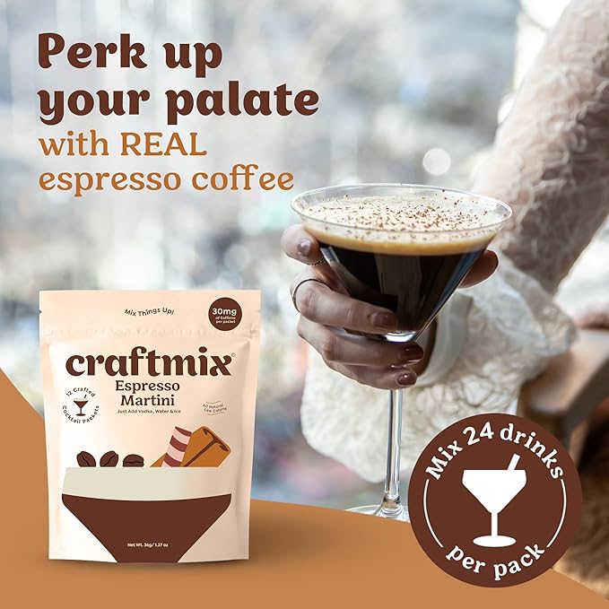 Craftmix Espresso Martini Cocktail & Mocktail Drink Mixer, Skinny Mixes - Water Flavoring Packets - Made With Real Coffee Beans - Vegan, Low-Carb, Low-Sugar, Non-GMO, Dairy Free, Gluten Free, 24 Pack