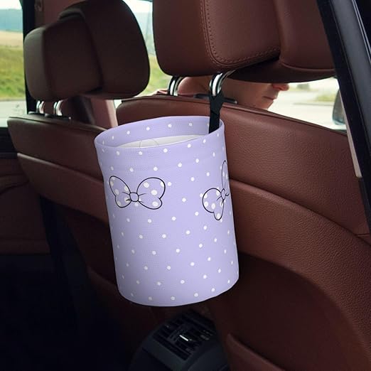 Cute Purple Bow Dots Car Trash Can Garbage Cans Foldable,Small Hanging Car Organizer Storage Bag Leak Proof, Auto Back Seat Trash Bin Universal for Truck, SUV, Outdoor Travel