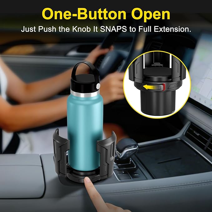 Cup Holder Expander (Adjustable Holder & Base, Auto-Fit Hold, One Button Open), Car Cup Holder Expander for Yeti, Hydro Flask, Nalgene, Owala, Bottles in 2.6"- 4.8" (2 Pack, Black)