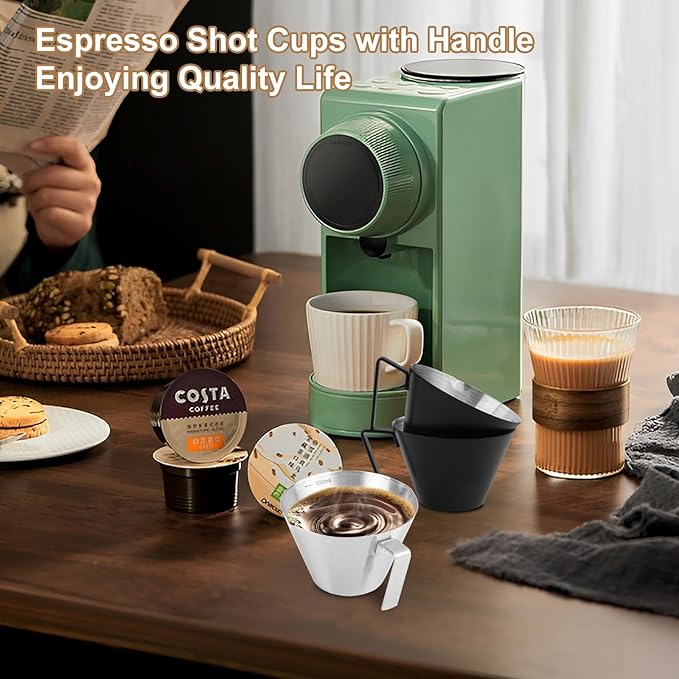 WCHOSOZH 2Pcs Espresso Cups with Handle, 3.4OZ/100ML Espresso Accessories, Stainless Steel Spout Measuring Cup with Scale, Espresso Pouring Cup with V-Shaped Mouth (Double V-Deep Mouth - Silver)