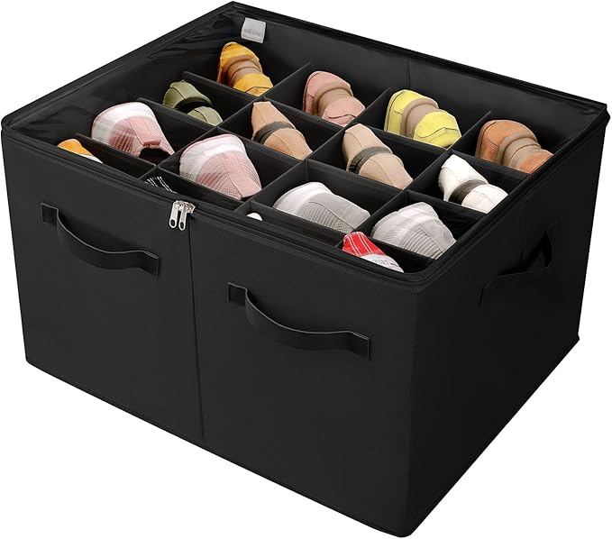 TOPIA HOME Shoe Organizer for Closet, Foldable Shoe Box with Adjustable Dividers and Clear Cover, Space Saving Shoe Storage Organizer Cabinet with Reinforced Handles, Fits 16 Pairs, Black, TP09B