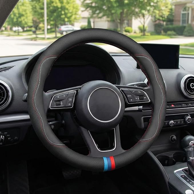 Leather Steering Wheel Cover for Chevy Silverado 1500 2500 3500, Colorado 14.5-15 inches Car Steering Wheel Cover, Black