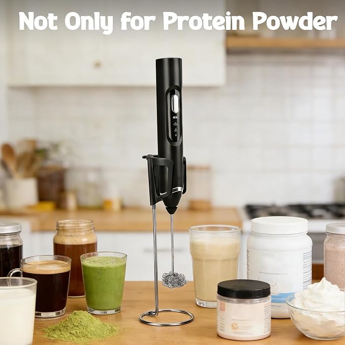 Juome Frother for Protein Powder - Rechargeable 4-in-1 Protein Mixer Wand Set, Protein Powder Scoop Funnel, Waterproof Electric Drink Frother Wand for Milk, Coffee, Lattes, Matcha & Creamer (Black)