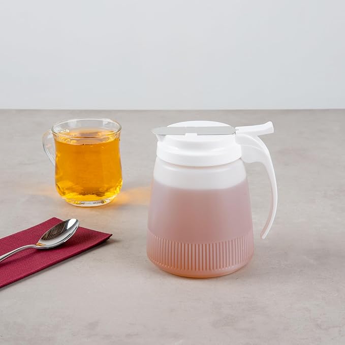 Restaurantware-Chef 101 32 Ounce All Purpose Syrup Dispensers, 10 Honey Dispensers - White Top, Stainless Steel Slide Cover, Plastic Pancake Syrup Bottle, Perfect For Diners, Restaurants, Home