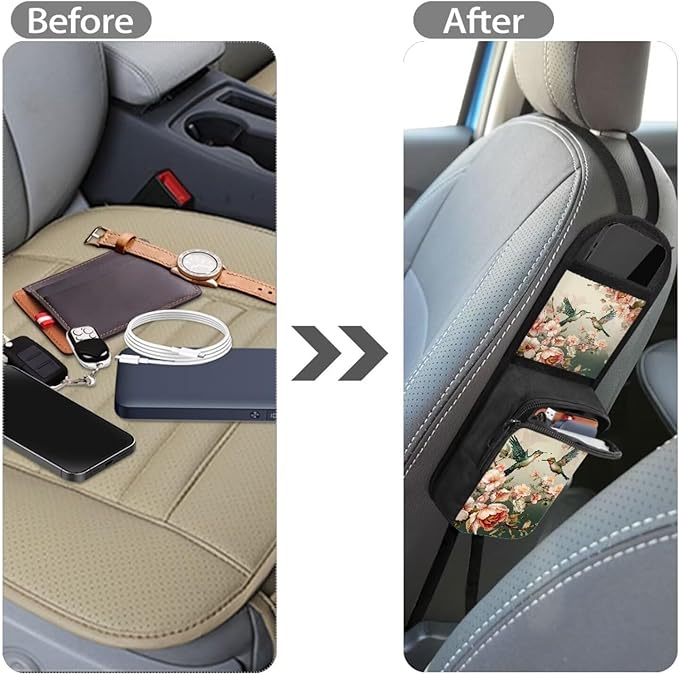 Floral Hummingbird Automatic Seat Side Storage Hanging Bag Car Seat Storage Organizer Box Multifunctional Car Organization Accessories 1 Pack