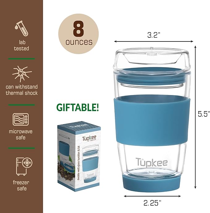 Tupkee Double Wall All Glass Tumbler - 8-Ounce, Reusable Insulated Tea/Coffee Mug & Lid, Hand Blown Glass Travel Mug - Niagara - 2 Pack