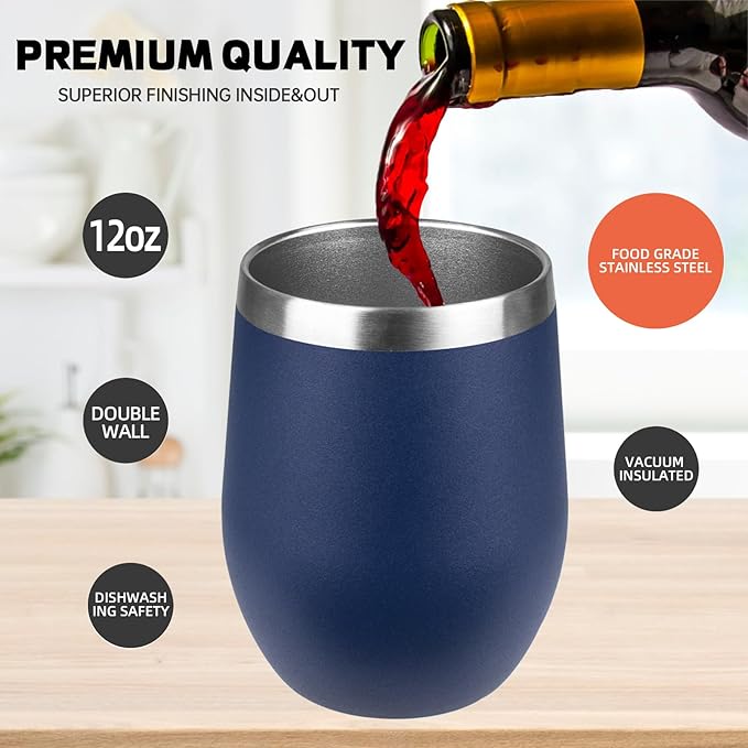 StarSpeed 12oz/12 Pack Wine Tumbler with lid, Stainless Steel Travel Mugs Stemless Double Wall Insulated Coffee Cup, Insulated Wine Glasses Travel Tumbler for Cold & Hot Drinks(Navy Blue, 12)