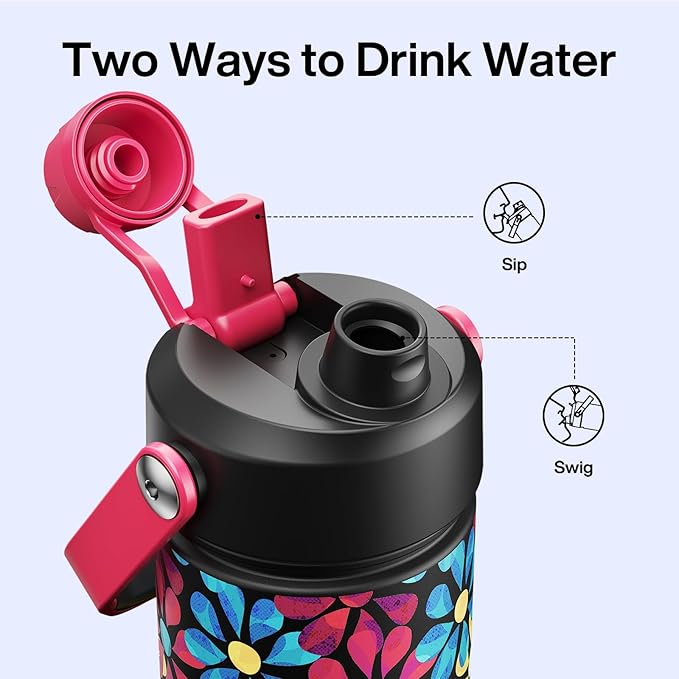ENCOOL Insulated Water Bottle with Straw Stainless Steel Water Bottle, Leak-Proof, BPA-Free, Double Wall Vacuum Keeps Cold for 24 Hours for Sports, Travel, School (26 oz, Vivid Flora)
