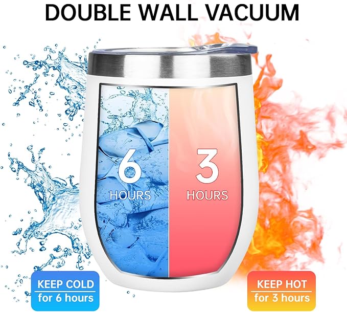 MEZMUT 12 Oz Insulated Wine Tumbler with Lid Double Wall Vacuum Stainless Steel Wine Glass Coffee Mug Insulated Tumbler Cup for Champaign, Cocktail, Beer (White, 6 Pack)