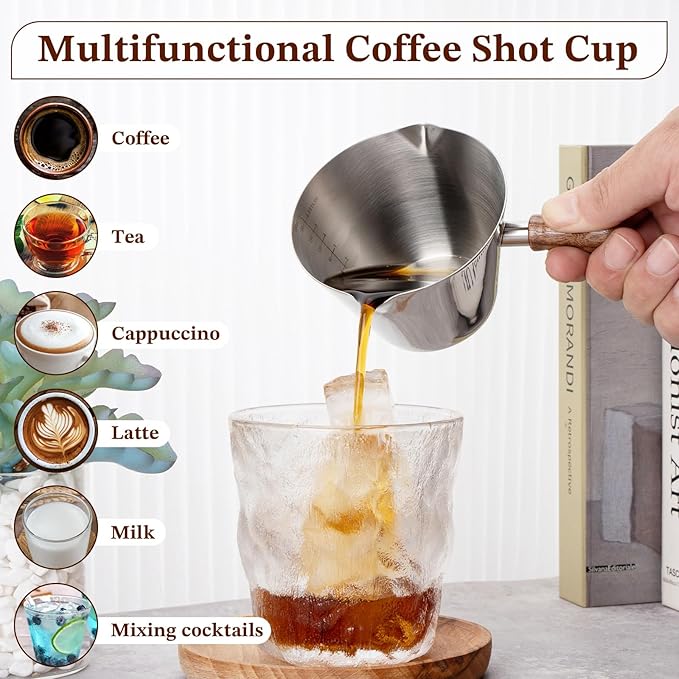 Espresso Cup, 6.8 oz/200 ml Stainless Steel Coffee Shot Measuring Cup with Wood Handle, Double V-Shaped Mouth and Clear Scale for Cappuccino Barista Coffee Bar Accessories, Silver