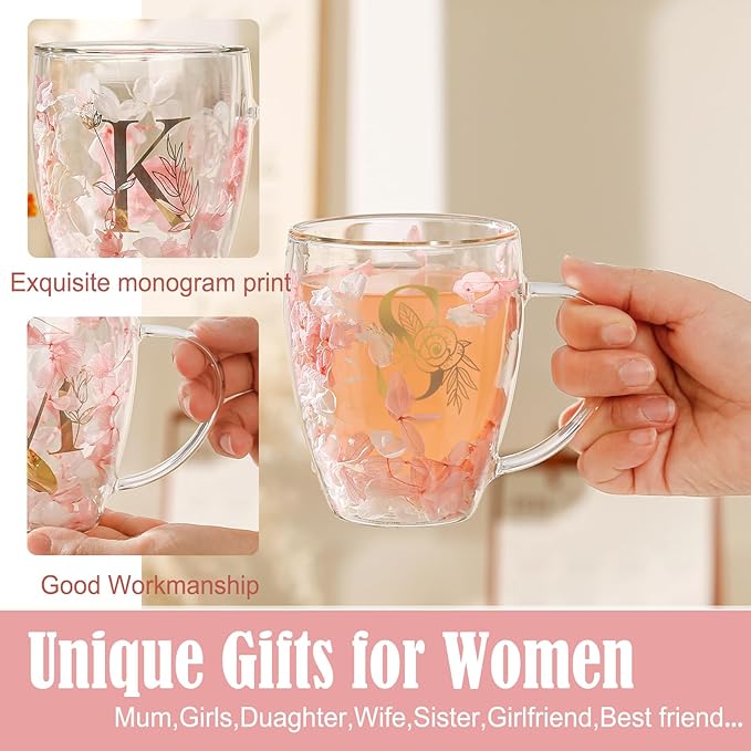 Gifts for Women Double Wall Flower Glass Coffee Mug Initial Glass Cup Personalized Monogrammed Gift Birthday Wedding Christmas Valentine Mother's Day Gift for Wife Friends Birde Stocking stuffers (S)
