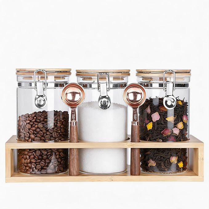 KKC Glass Coffee Jar Set of 3 with Bamboo Lids & Spoons | 40oz Airtight Coffee Bar Accessories & Organizer for Countertop | Clear Sugar and Coffee Container Set for Ground Beans & Tea