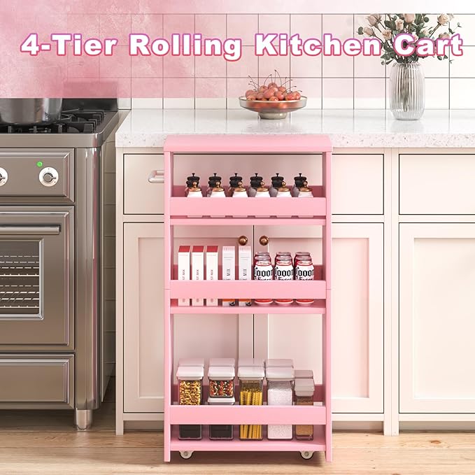 MARTY Rolling Storage Cart 7.9" W, 4-Tier Kitchen Cart with Wheels Handle, Slim Storage Cart Mobile Shelving Utility Carts for Bathroom Laundry Room Organization Narrow Places (Pink)