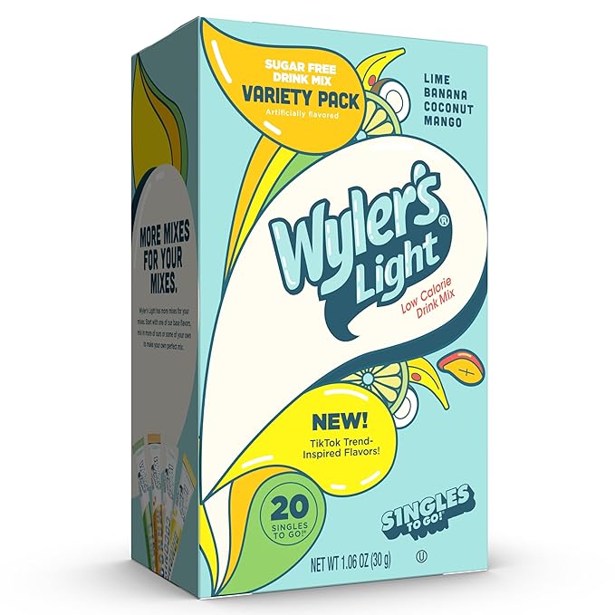 Wyler's Light Singles to Go Powder Packets, Water Drink Mix, Variety Pack, Lime, Banana, Coconut, Mango, Watertok Base Flavors, Sugar & Caffeine Free, On-The-Go, 20 Count (Pack - 1)