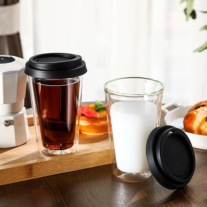 Honeydak 2 Pack 12 oz Double Walled Glass Coffee Mugs with Silicone Lids Clear Insulated Drinking Cups Reusable Glass Iced Coffee Cups for Home Office and Travel