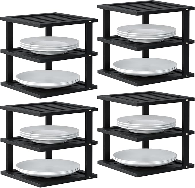 4 Pack Bamboo Corner Shelf,3 Tier Kitchen Cabinet Organizer for Plates and Dishes,Pantry Storage and Spice Rack（Black）