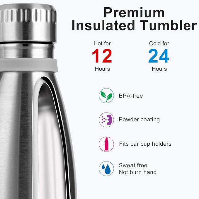 koodee Insulated Stainless Steel Water Bottle(2 Pack) Double Wall Vacuum Leak Proof Sports Water Bottle, 17 oz Cola Shape Travel Thermal Flask(2 Pack Stainless Steel)