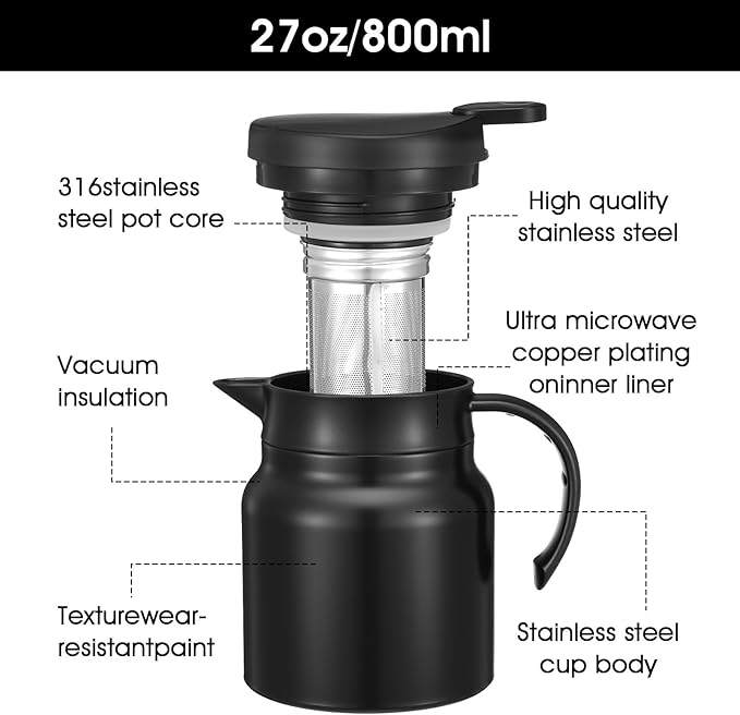 SHENLIU 2 Pcs 27Oz Thermal Coffee Carafes For Keeping Hot/Cold, Stainless Steel Coffee Carafe, Dustproof Insulated Water Carafe Tea Creamer Container for Party Home Milk Hot Chocolates, Black