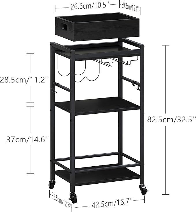 3-Tier Bar Cart with Removable Tray, Small Bar Carts with Wheels, Rolling Beverage Cart, Drink Cart, Black Wine Cart with Wine Rack for Kitchen, Living Room (Black) GBC513B