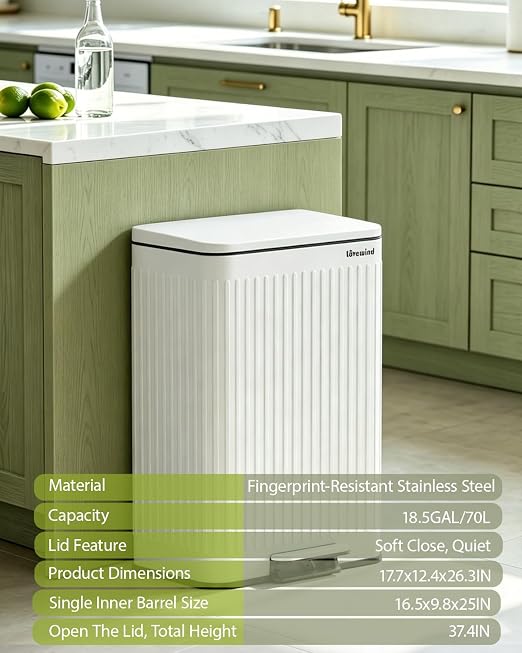 Lovewind Kitchen Trash Can, 18.5 Gallon / 70L Large Kitchen Garbage Can with Soft Close Lid – Pet Resistant, Removable Inner Bucket, Stainless Steel Trash Bin Perfect for Big Families, White