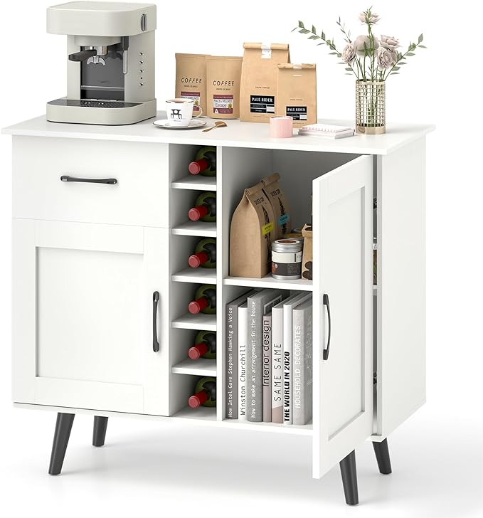 Buffet Cabinet with Storage, Liquor Cabinet w/ 6-Bottle Wine Rack, 1 Drawer & 2 Doors, Wood Buffets & Sideboards, Farmhouse Coffee Bar Table for Kitchen, Dining Living Room, Entryway (White)