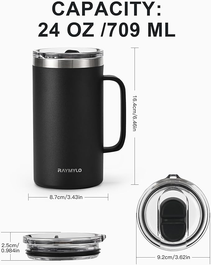 Insulated Coffee Mug 24 oz, Double Wall Stainless Steel Coffee Mug with Lids, Leak-Proof & Detachable Slider Lid for Thorough Clean, Keeps Coffee Cold for 9 Hrs, Suitable for Camp Home Office