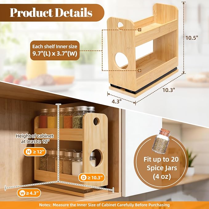 Tfro & Cile Pull Out Spice Rack Organizer for Cabinet 2-Tier Vertical Bamboo Slide Out Seasoning Organization for Kitchen Pantry