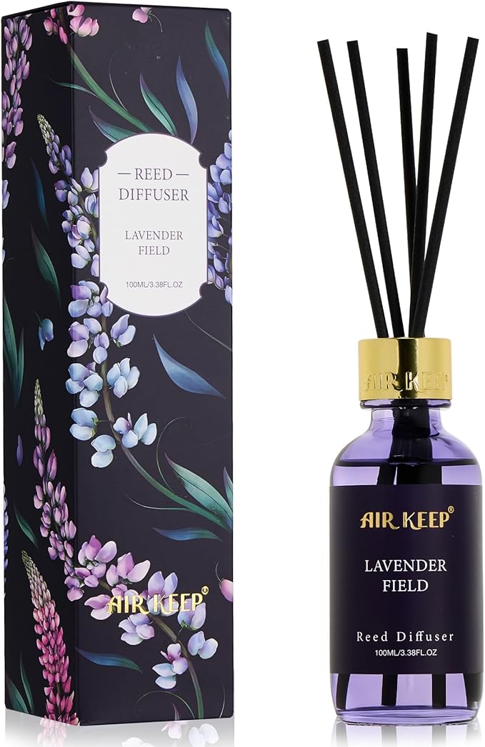 Airkeep Reed Diffuser Set, 3.38 fl oz (100 ml) - Lavender Field Oil Diffusers with 8 Reed Sticks, Home Fragrance Reed Diffuser for Bathroom Shelf Decor